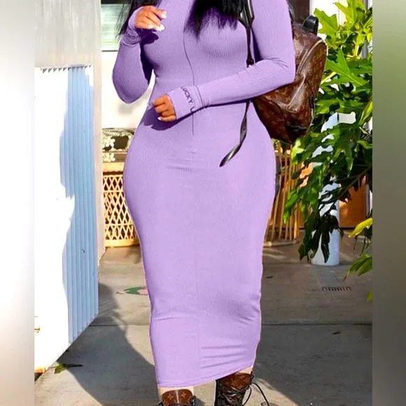 Long Sleeve Bodycon Dresses Ribbed Zip Up Midi Dress